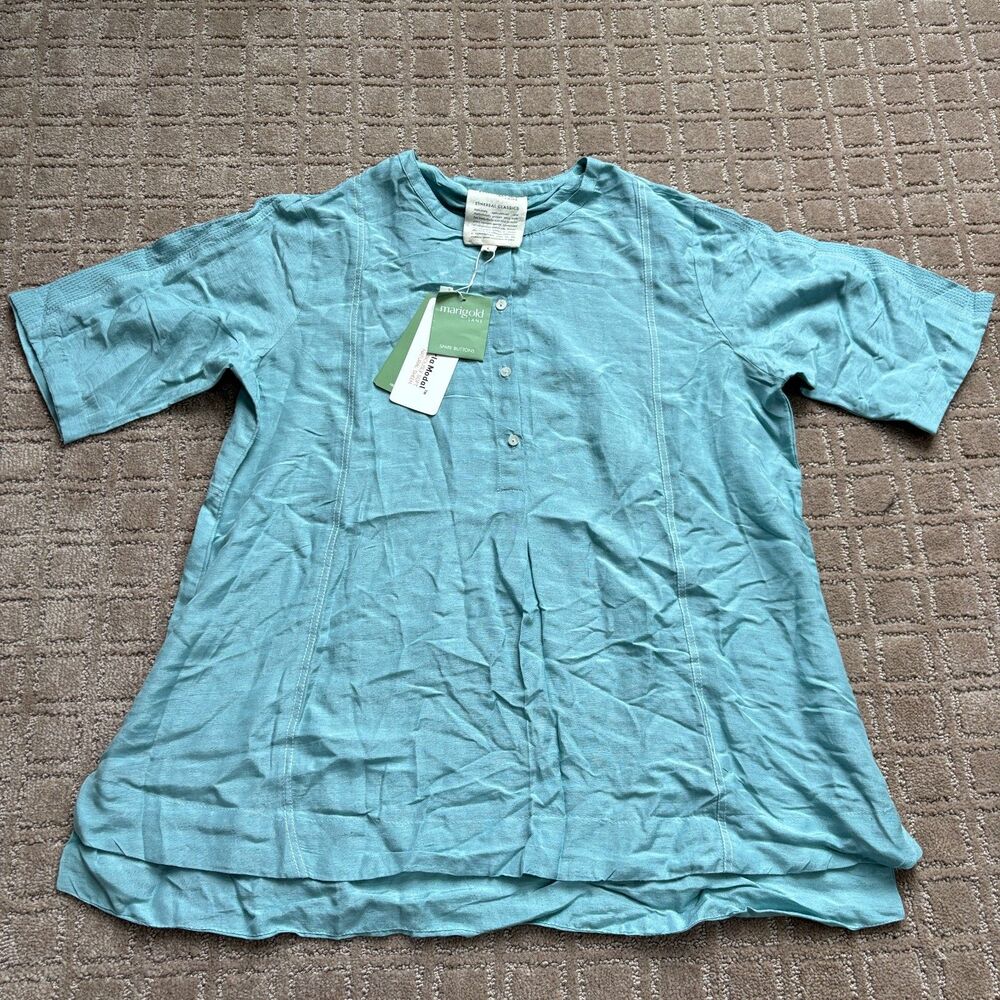 Marigold Lane Solid Round Neck Top Linen Blend Women's L Blue Casual India NWT
